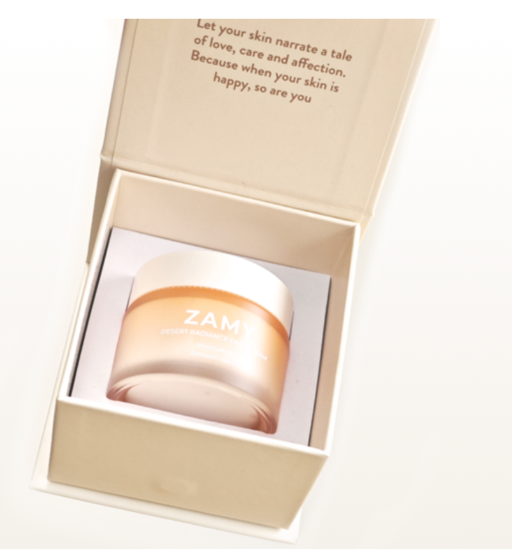 Zamy Skincare Desert Radiance Mask inside its opened custom rigid packaging box